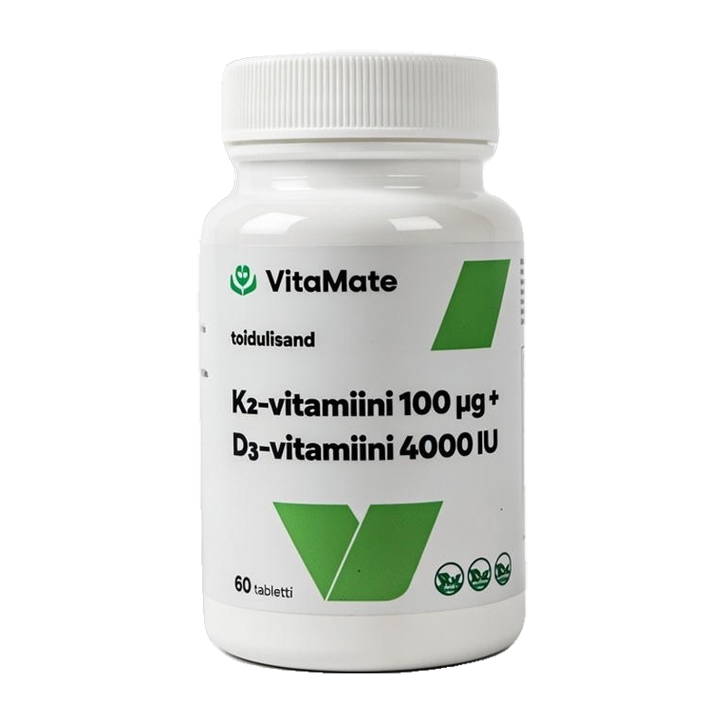 K2-vitamiin 100 μg + D3-vitamiin 4000 IU.  Toidulisand.